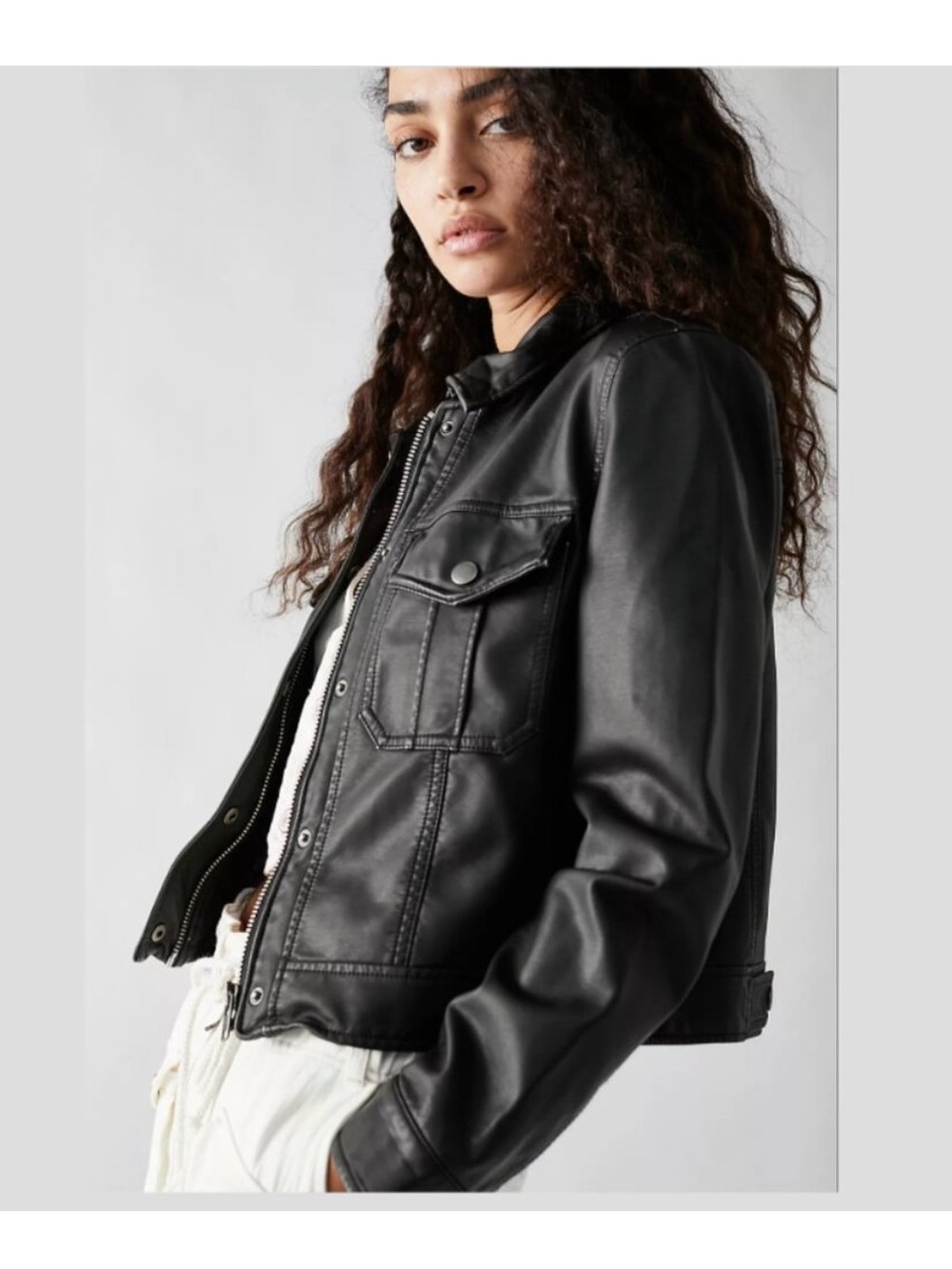 We The Free Black Faux Leather Snap-Pocket Jacket